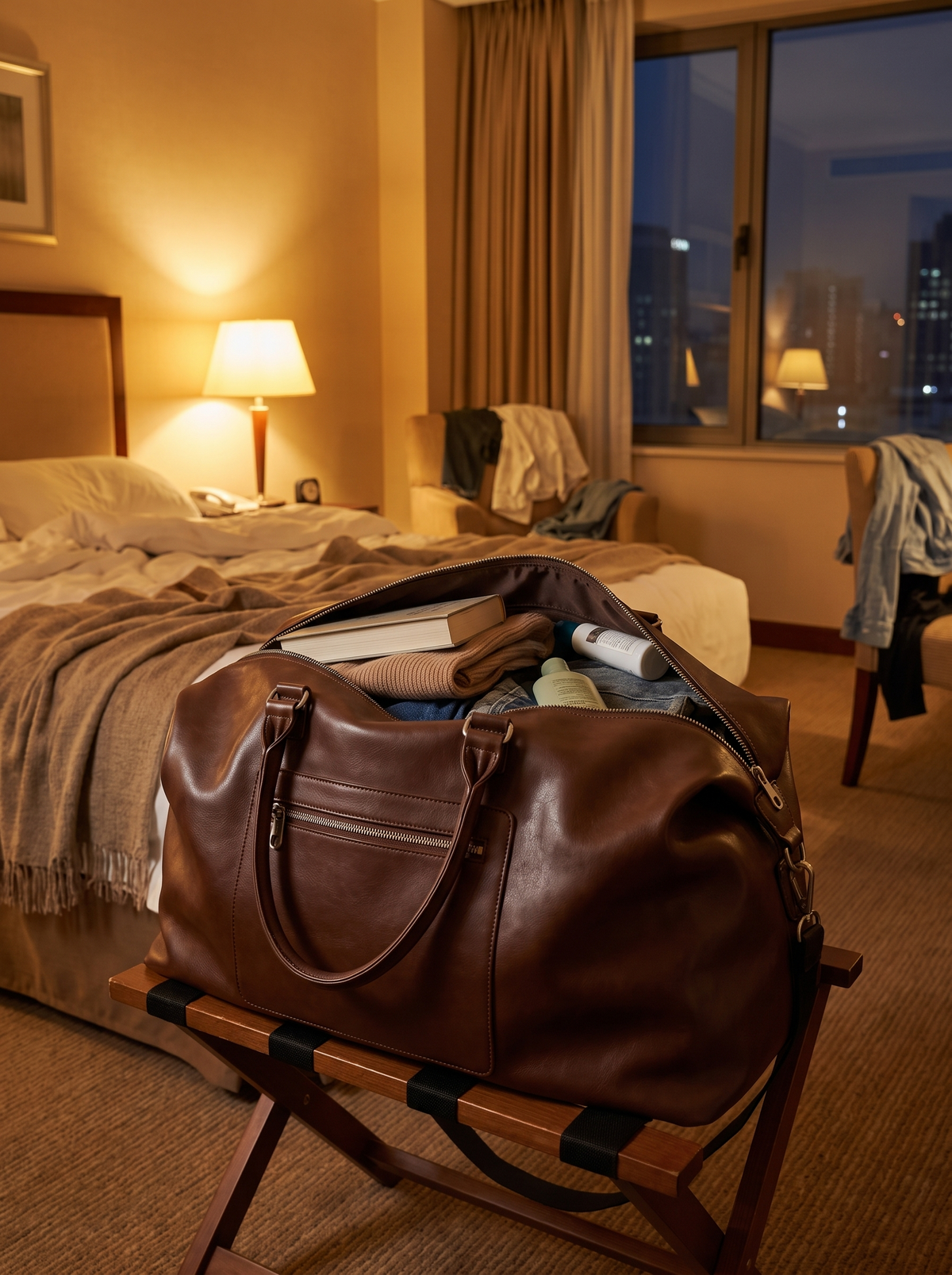 Carry On Travel Duffle Bag open in a hotel room