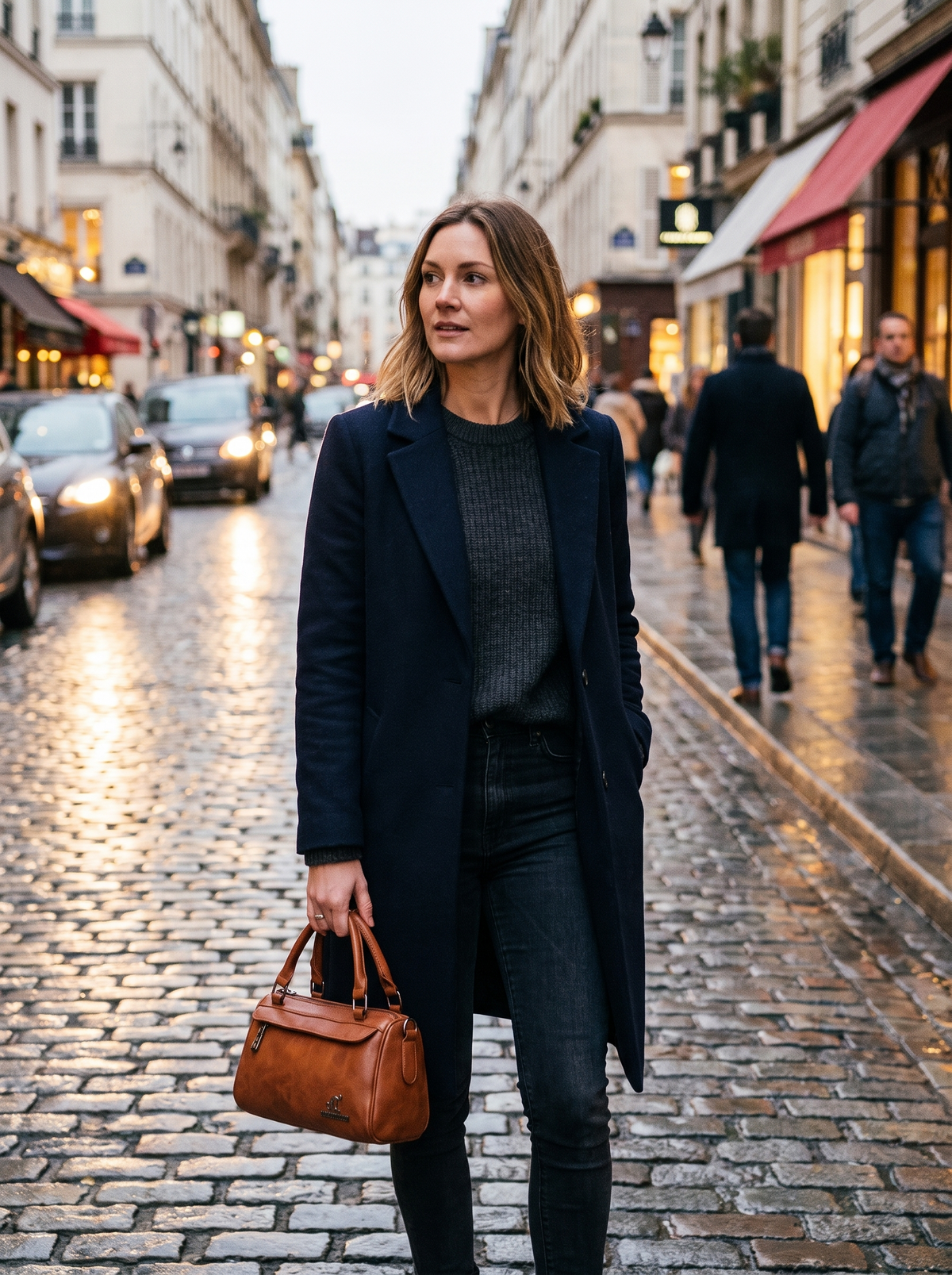 Vintage Two Handle Satchel Bag on an evening street