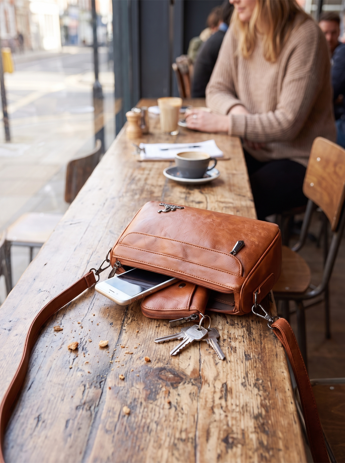 Vintage Two Handle Satchel Bag open at a cafe