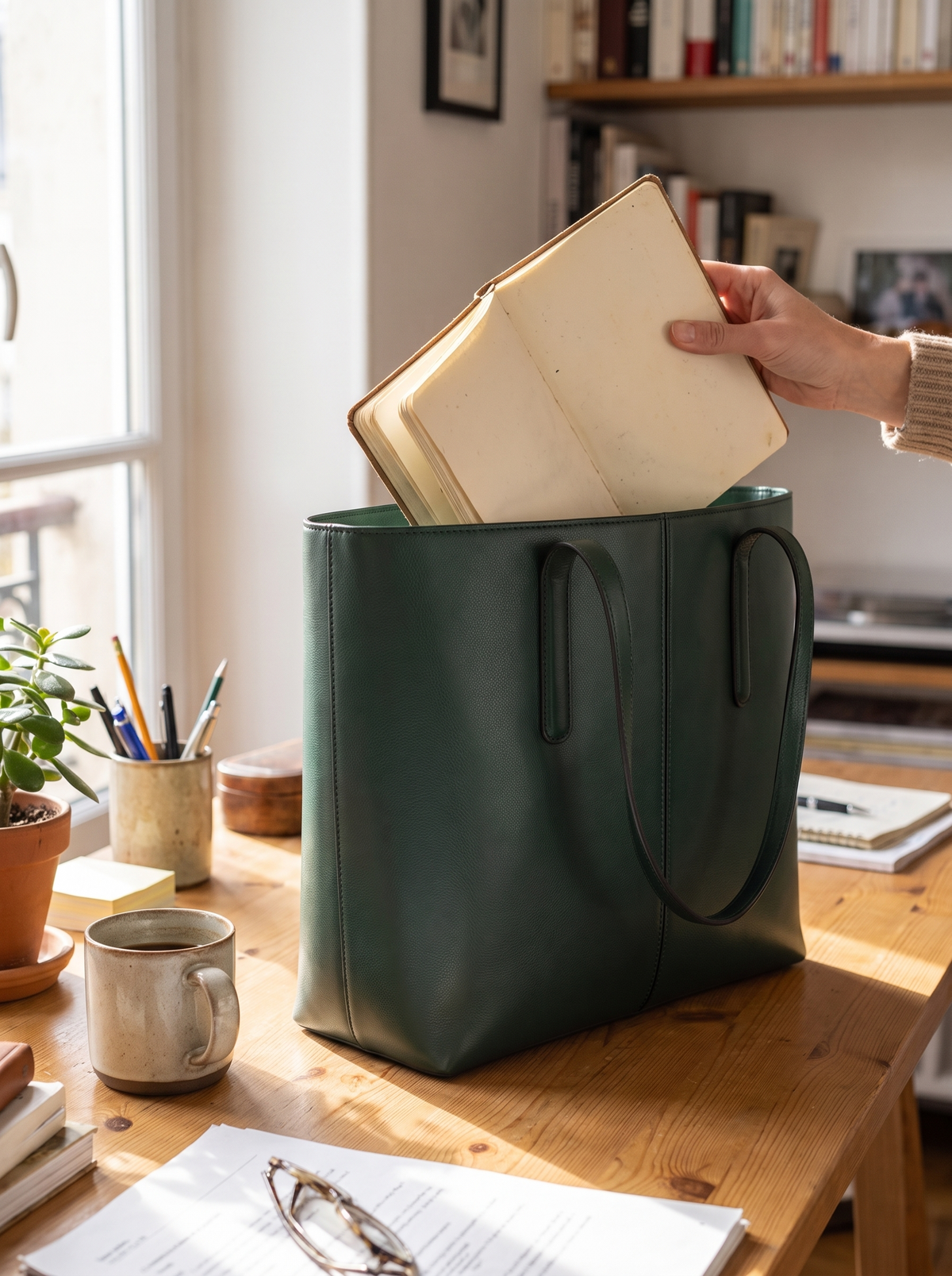 Bucket Tote Shoulder Bag standing on a desk