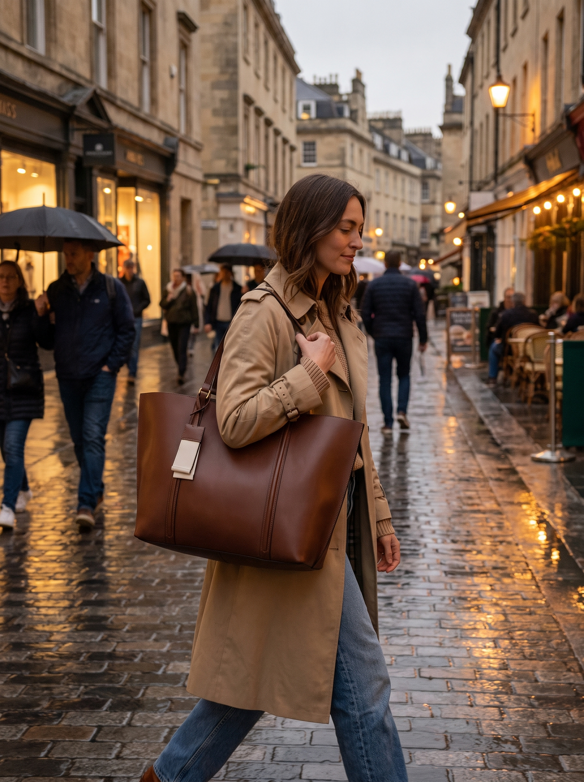 Minimalist Hasp Shoulder Tote on an evening street