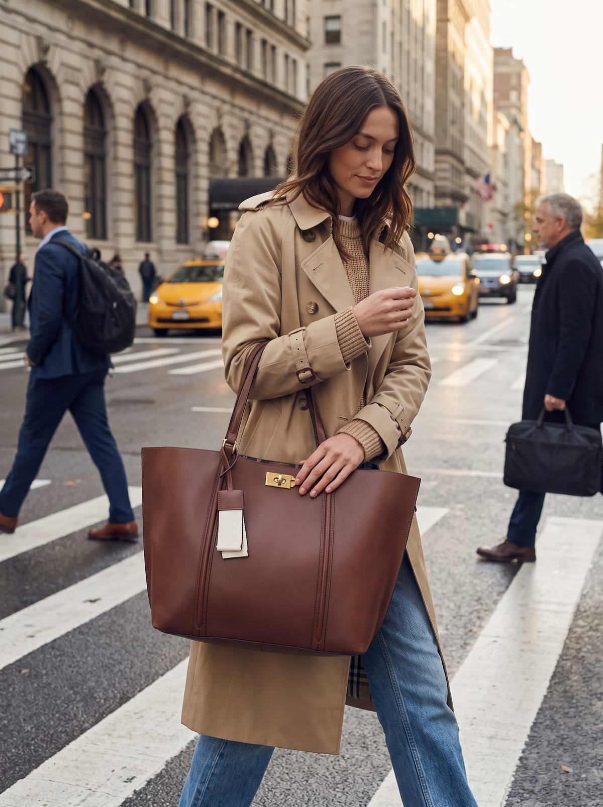 Minimalist Hasp Shoulder Tote at a city crossing