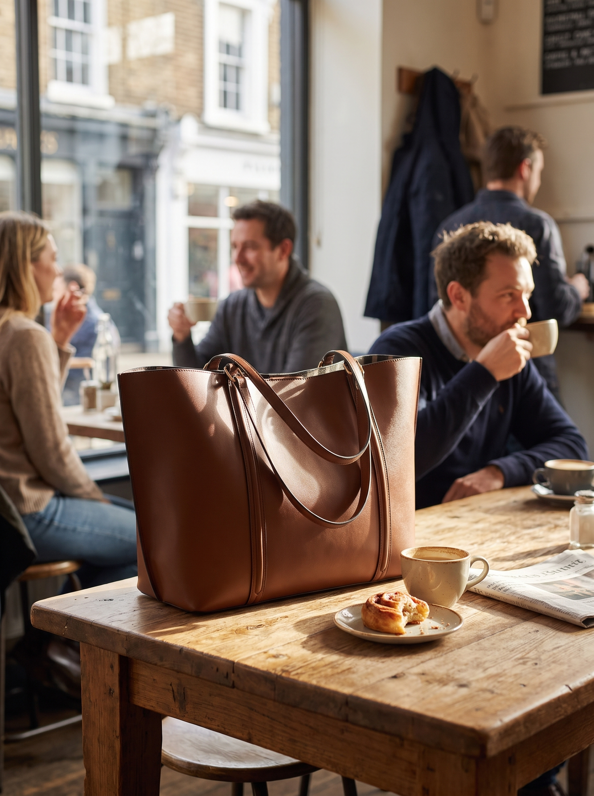Minimalist Hasp Shoulder Tote on a cafe table