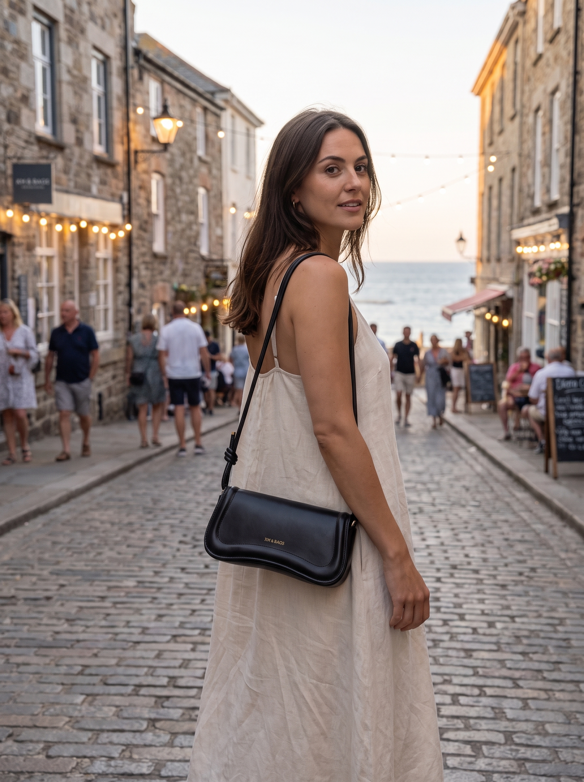 Linen Baguette Shoulder Bag on a coastal street
