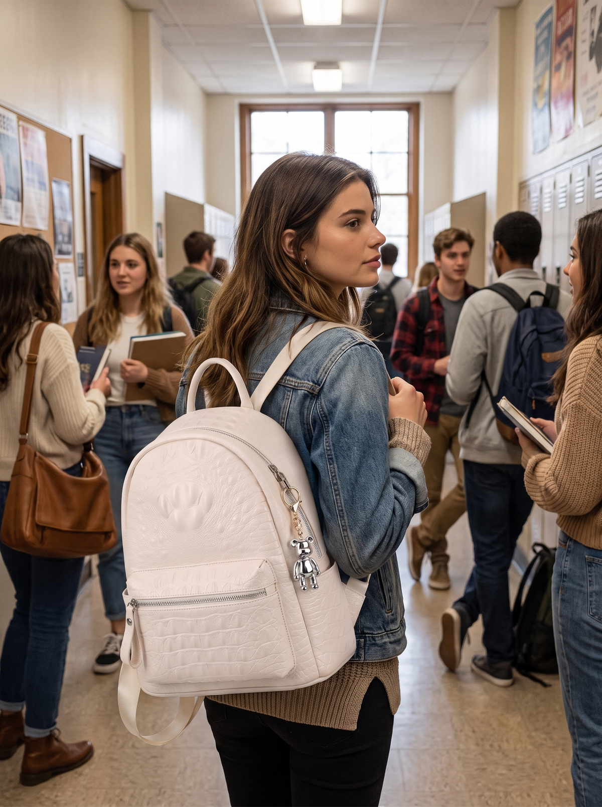 Embroidered Two Size Backpack in a university corridor